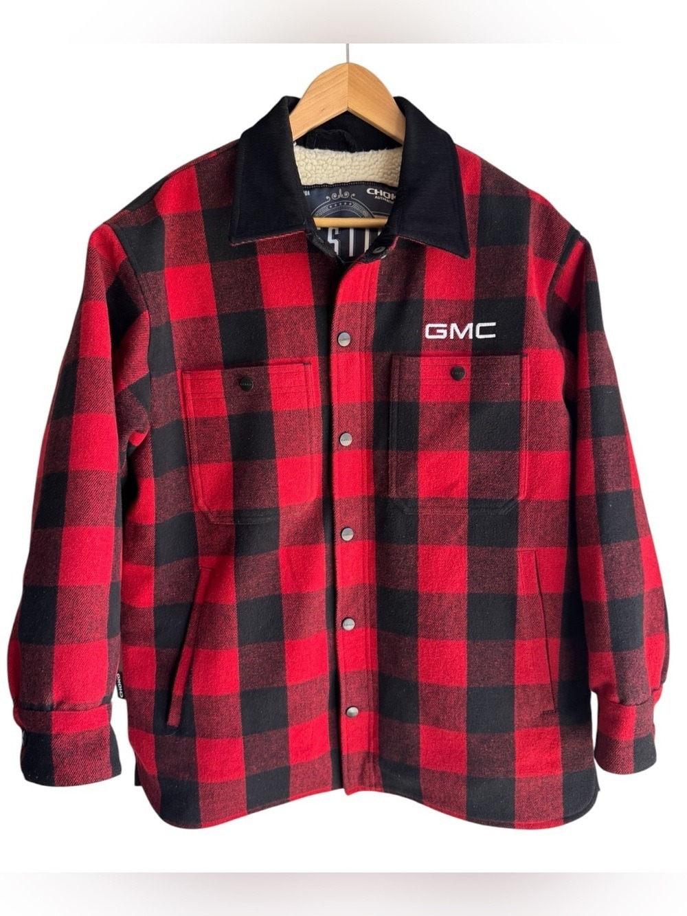 Choko GMC Buffalo Plaid Sherpa Lined Jacket Mens M Shacket Trucker Coat Rustic